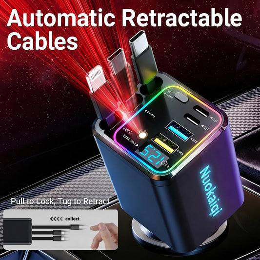 🚗 Snellader 7-in-1 Intrekbare Snelle Autolader met Spanningsdisplay – USB-C voor Android & Lightning voor Apple