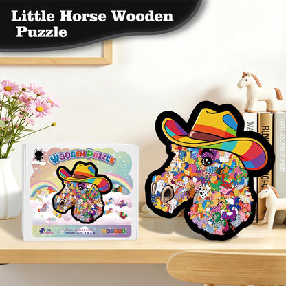 🦄🌈2026 Leuke Puzzelset: Cowboyhoed, Pony, Ingelijste Stapelpuzzel, Onregelmatig gevormde Houten Puzzel