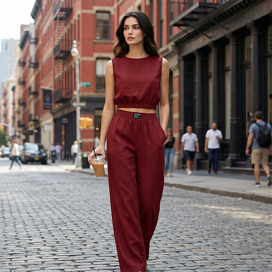 👗 50% OFF THE TWO-PIECE SET! ✨ Sleeveless crop top & wide-leg pants – breathable, elastic & chic for summer 🌞