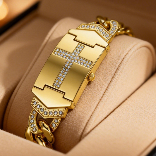 Zomerse uitstraling met sprankelende kristallen kruisversiering, geometrische rechthoekige wijzerplaat, hoogwaardig metalen horloge met armband – perfect voor dagelijkse elegantie en als cadeau