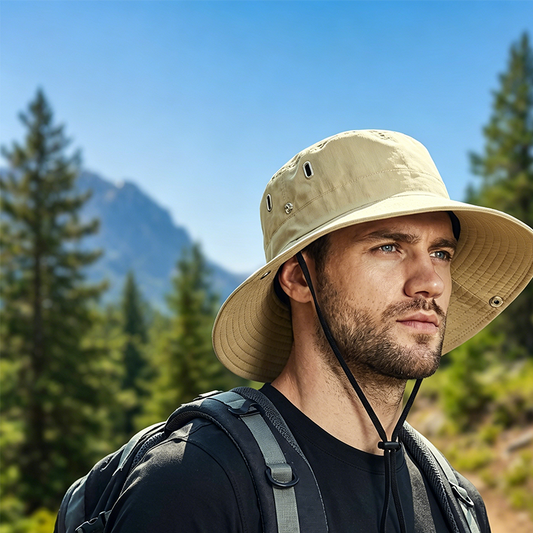 🧢 ☀️ Outdoor zonnehoed met brede rand en kinband – Lichtgewicht, beschermend en perfect voor het strand en wandelen 🏖️ 🥾